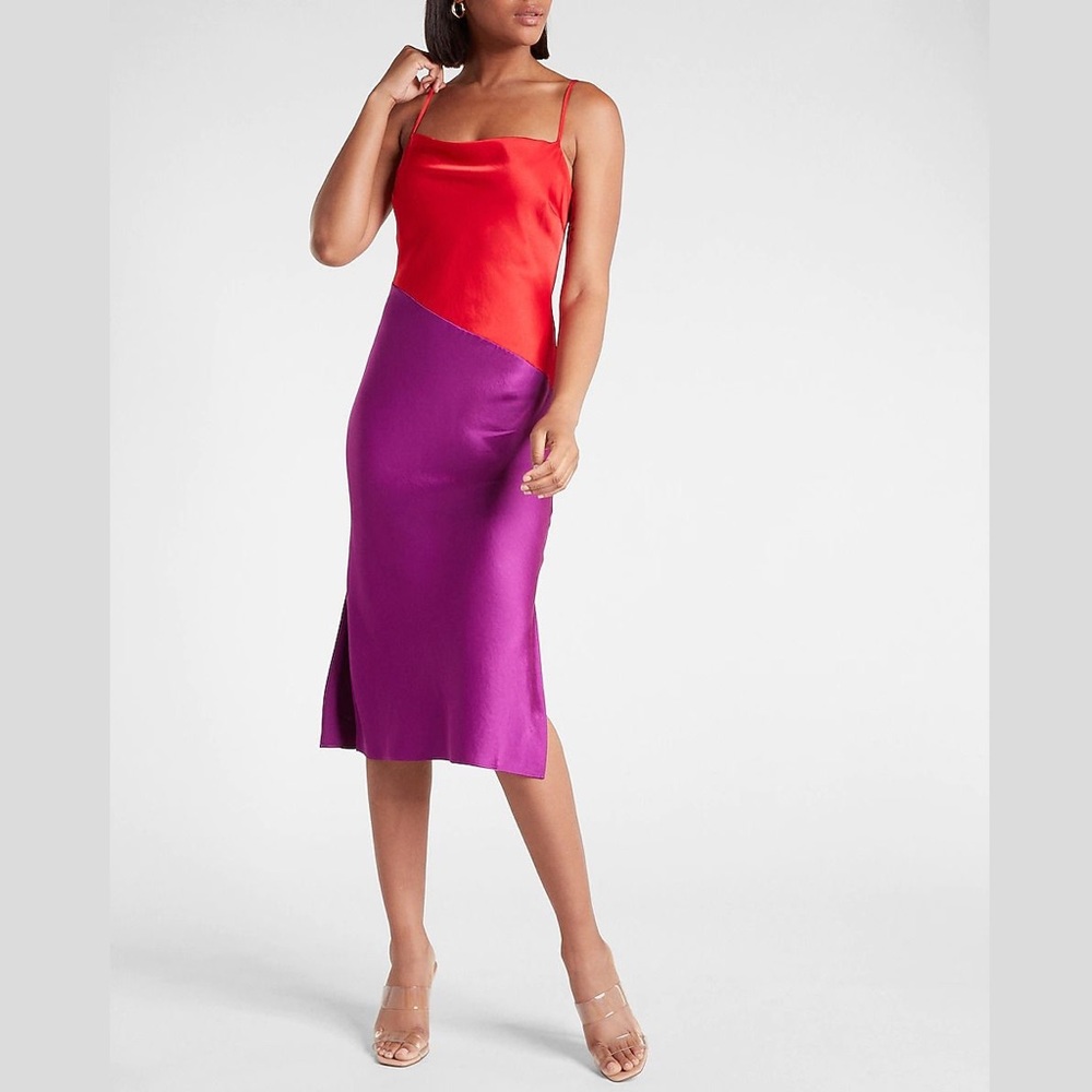 NWT Express Satin Color Block Cowl Neck Midi Slip Dress - Small - Purple/Red